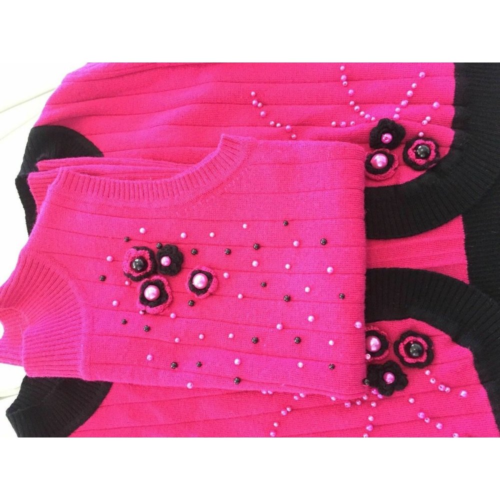 Juliana Women's Cardigan Sweater + Blouse Set Knit Embellished Fucsia Black S - Picture 2 of 12